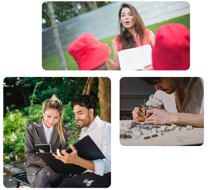 Collage of three scenes: an educator with children in a garden, two professionals going through documents outdoors, and a designer working on a scale model of a green space